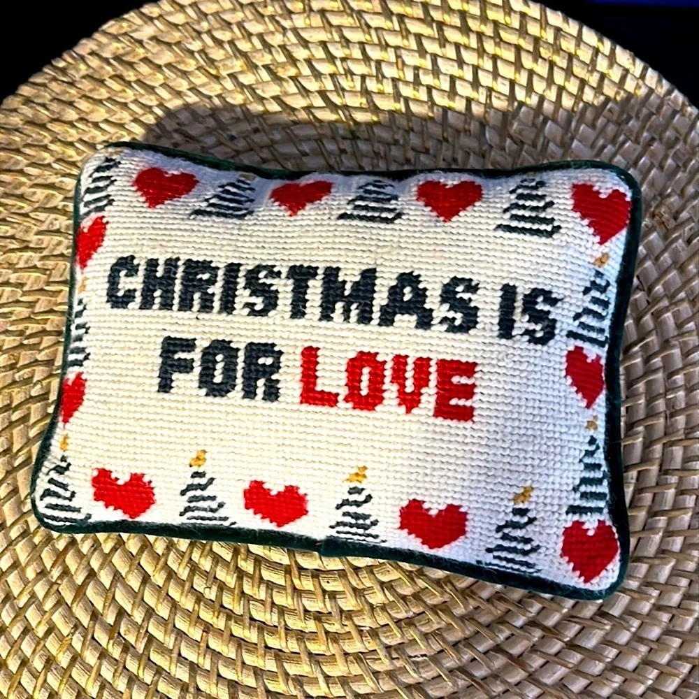 Needlepoint Handmade “Christmas is for Love Small Green Velvet Backed Pillow